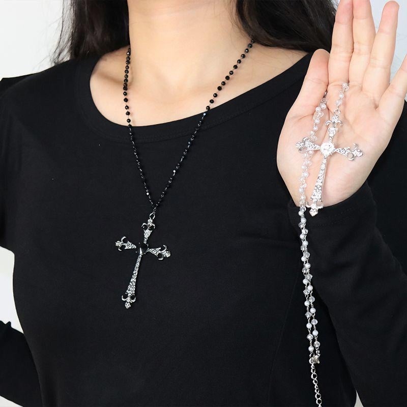 Vintage Dark Cross Necklace Subculture Gothic Long Diamond-Encrusted Sweater Chain Niche Sweet Cool Collarbone Chain - Image 4
